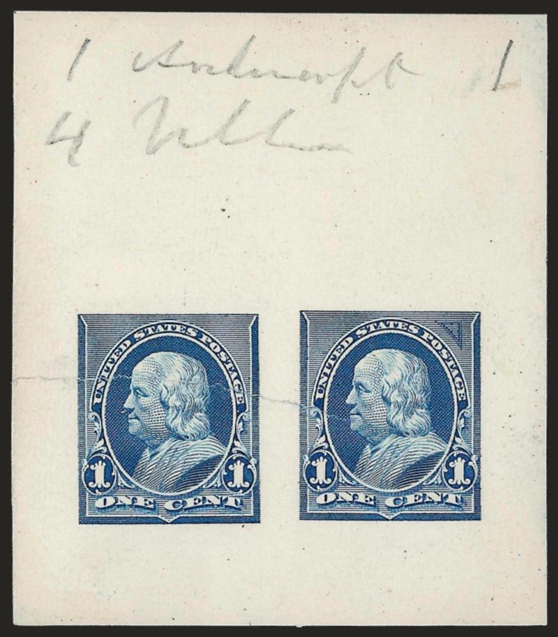 1c Blue, Die Essay on White Card (247-E2b).> 56 x 64mm, bright color, showing two designs, one at left without corner triangles, design at right with experimental 15-line high triangle printed at top right only,
pencil <<1 Antwerp 4 Ultra>> at top,
