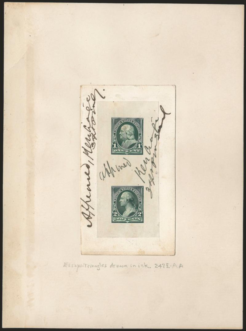 1c + 2c Green, Composite Large Die Essays on India (247-E4).> On 37 x 81mm India which is mounted on 57 x 102mm card which is in turn mounted on 144 x 195mm card, India and first card with ms. <<Approved, Kerr
Craige, 3rd As PM Genl.>> at left whi