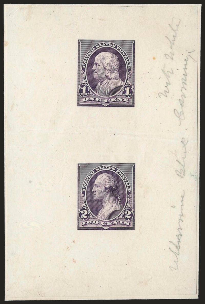 1c + 2c Dull Violet, Composite Large Die Essays on India (247-E4).> On 65 x 98mm card, without triangles added to any corners, pencil <<With white Ultramarine Blue Carmine>> at right, horizontal crease between
designs, Very Fine appearance, this co