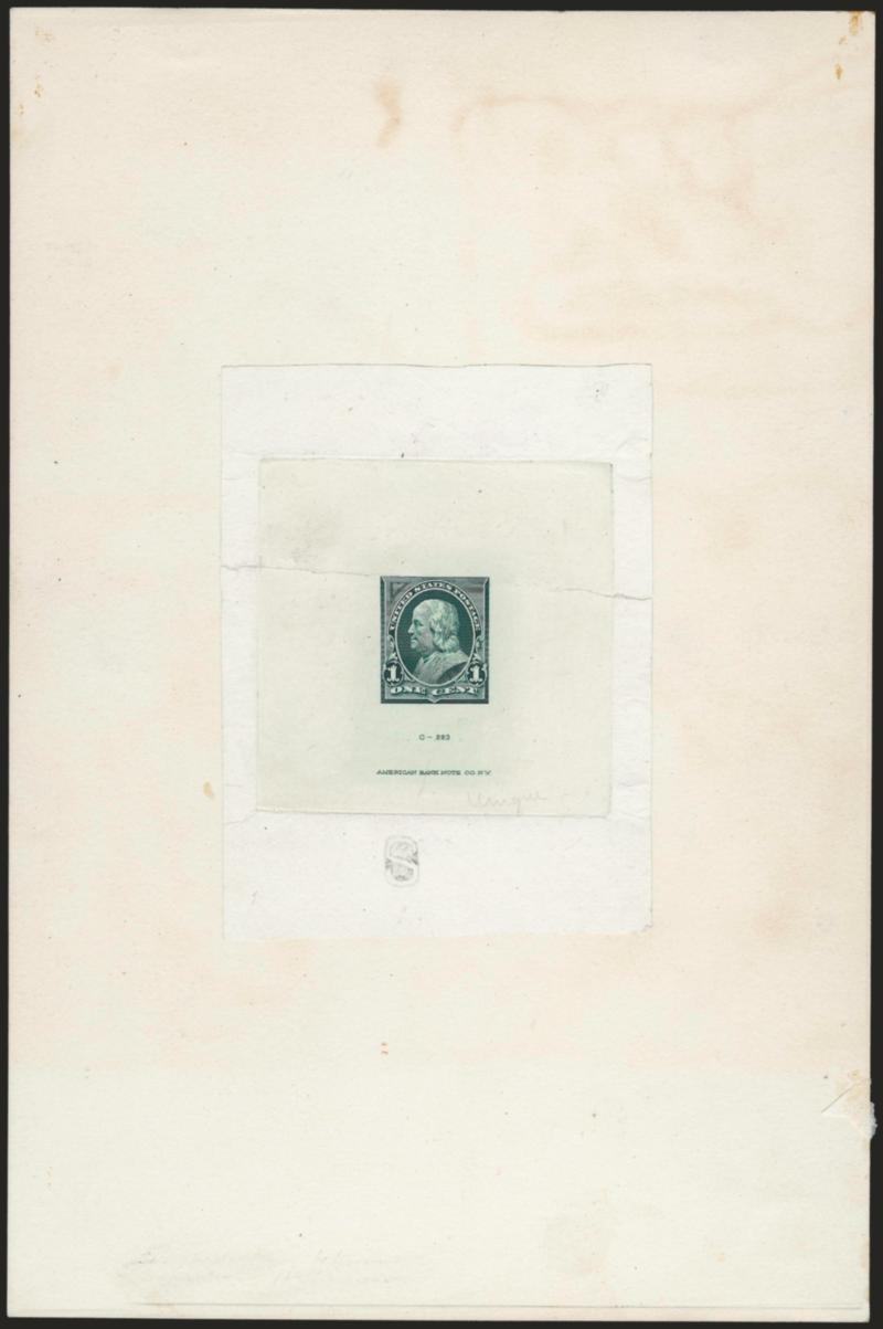 1c Dusky Blue Green, Large Die Essay on India (247-E7).> On 151 x 228mm card, rich color, with triangle at top left but not at top right and with lines of triangle the same thickness as the adopted design, die
imprint at bottom, pencil S at bottom