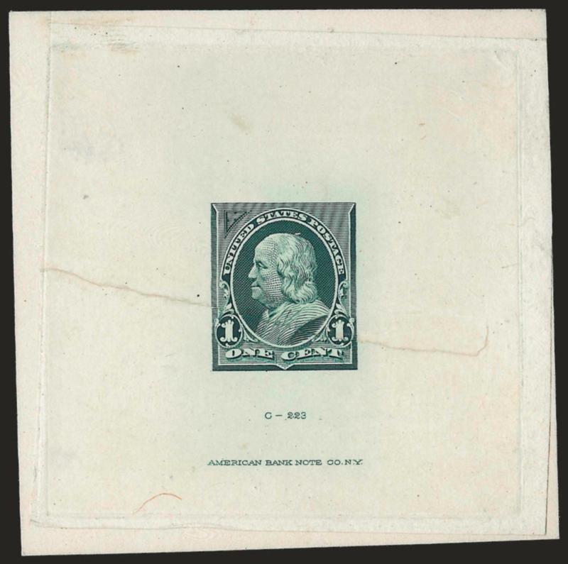 1c Dusky Blue Green, Large Die Essay on India (247-E7).> On 71 x 70mm card with full die sinkage, rich color, with triangle at top left but not at top right and with lines of triangle thicker than the previous
essay and same as on adopted design, die