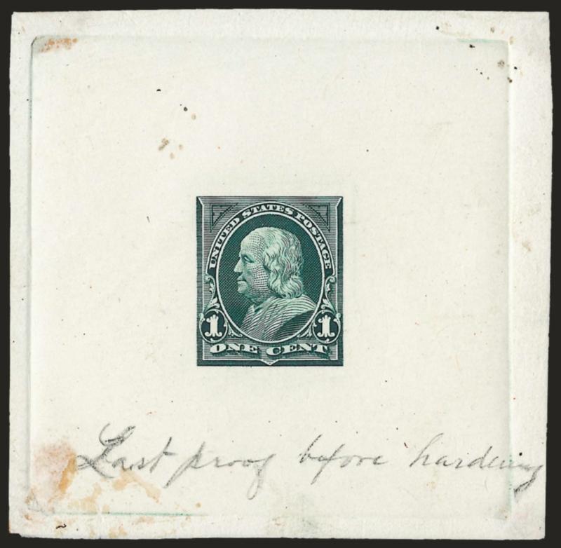1c Dusky Blue Green, Large Die Trial Color Proof on India (246TC1).> On 70 x 69mm card with full die sinkage, rich color, pencil notation <<Last proof before hardening>>, some slight staining in corners, still
Very Fine, possibly unique, ex Brazer,