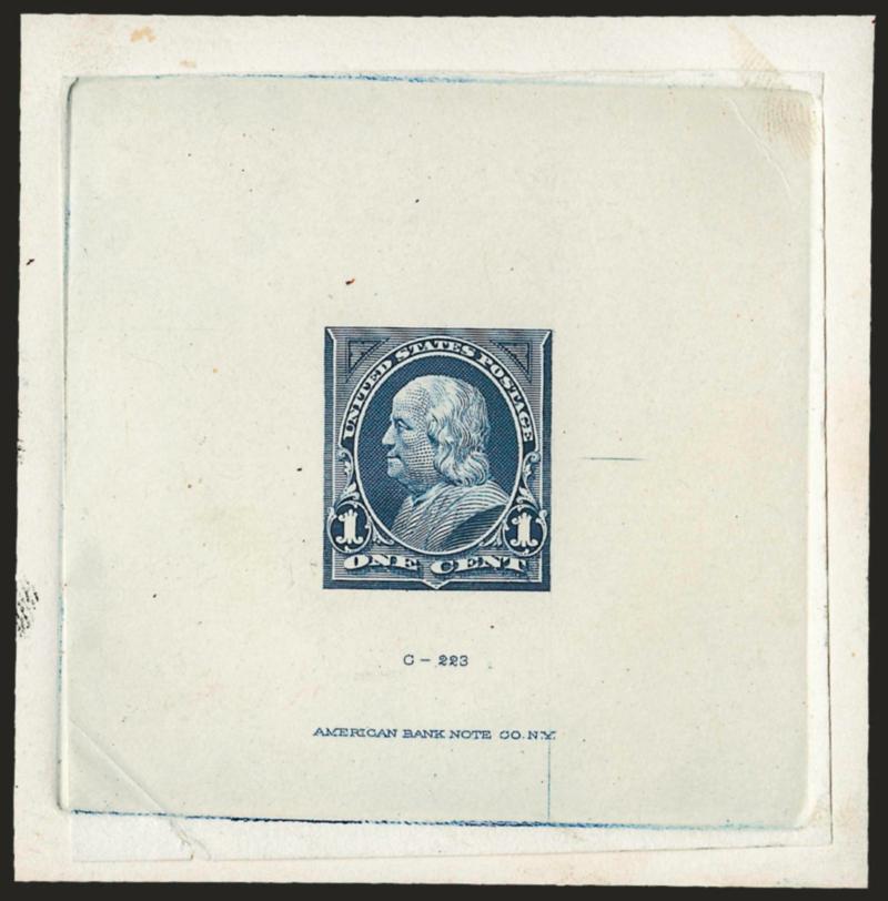 1c Dark Blue, Large Die Trial Color Proof on India (246TC1).> On 71 x 72mm card with full die sinkage, American die imprint at bottom, rich color, India with light crease at bottom left, otherwise Very Fine,
scarce, ex Brazer, listed but unpriced in