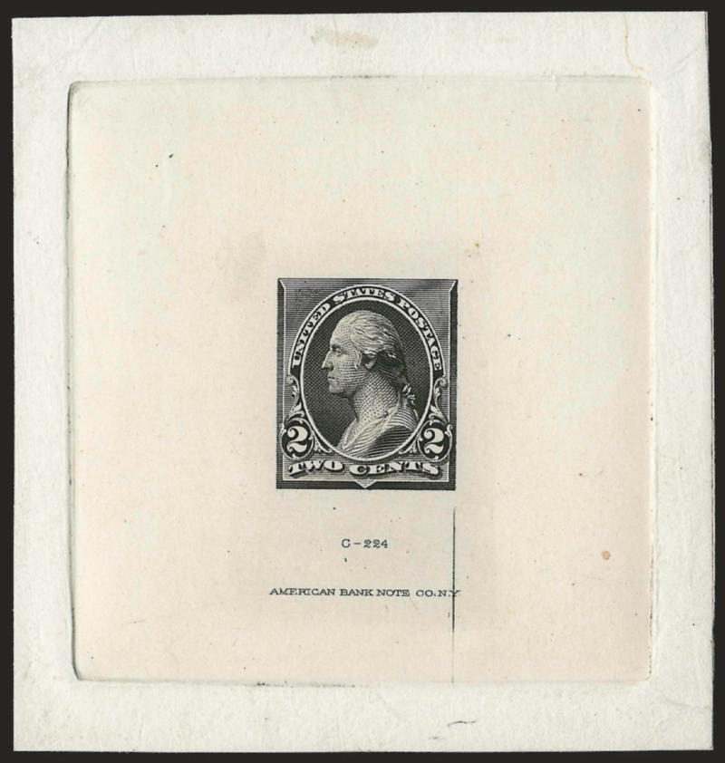 2c Black, Large Die Essay on India (250-E1).> On 73 x 77mm card with full die sinkage, with die imprint at bottom and with pencil drawing of triangle at upper left, also with bump at top of head, fresh and Very
Fine, probably unique, ex Brazer