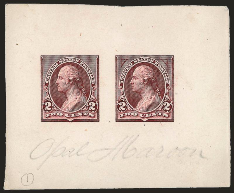 2c Opal Maroon, Large Die Essay on India (250-E2).> 73 x 60mm and mounted on card, two designs, left design without corner triangles right design with triangles in corners which are smaller than those adopted
for the issued design, ms. <<Opal Maroon