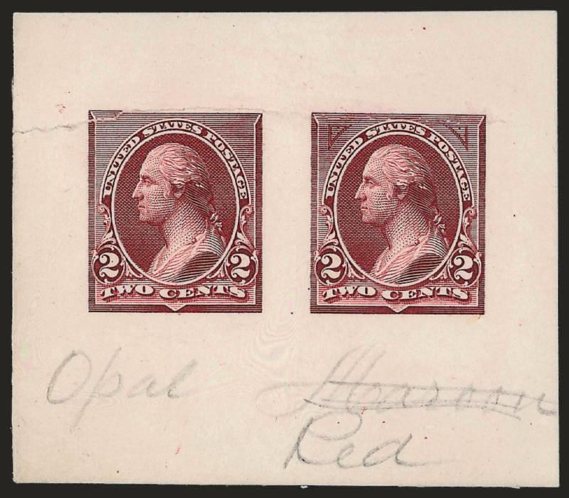 2c Opal Lake, Composite Large Die Essay on India (250-E2).> On 59 x 52mm card, showing two designs, one at left without corner triangles, design at right with experimental 15-line high triangles, ms. <<Opal
Red>>and with <<Maroon>> crossed out, d