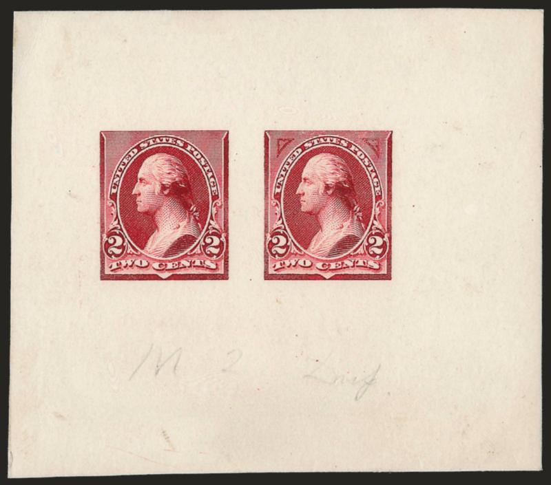 2c Opal Lake, Composite Large Die Essay on India (250-E2).> On 78 x 69mm card, showing two designs, one at left without corner triangles, design at right with experimental 15-line high triangles, ms. <<M 2
Dup.>> at bottom, fresh and Very Fine, pro