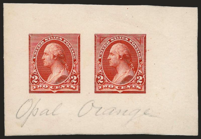 2c Opal Orange, Composite Large Die Essay on India (250-E2).> On 72 x 48mm card, showing two designs, one at left without corner triangles, design at right with experimental 15-line high triangles, ms. <<Opal
Orange>>, fresh and Very Fine, probably