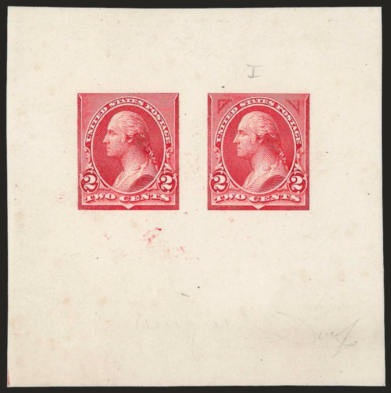 2c Red Lake, Composite Large Die Essay on India (250-E2).> On 70 x 70mm card, showing two designs, one at left without corner triangles, design at right with experimental 15-line high triangles, some pencil
lightened notations, fresh and Very Fine, p