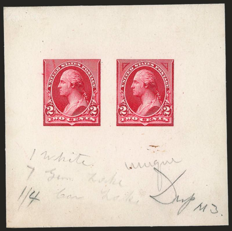2c Carmine Lake, Composite Large Die Essay on India (250-E2).> On 73 x 73mm card, showing two designs, one at left without corner triangles, design at right with experimental 15-line high triangles, ms. <<1
White 7 Gem Lake 14 Car Lake>> and signe