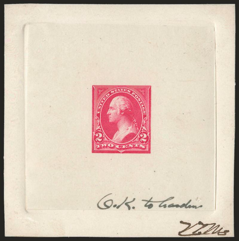 2c Bright Red, Ty. I, Large Die Essay on India (250-E4).> On 75 x 75mm card with full die sinkage, ms. notation <<O.K. to harden>> and also <<T.F.M.>> initials on card, fresh and vf, probably unique, ex
Brazer