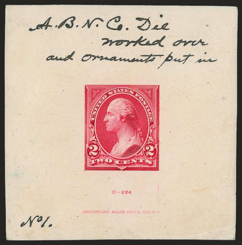 2c Medium Deep Red, Ty. I, Large Die Essay on India (250-E5).> On 59 x 62mm card, with die imprint at bottom and with ms. <<A.B.N. Co. Die worked over and ornaments put in>>, and with ms. <<No. 1>> at bottom
left, fresh and Very Fine, probably un
