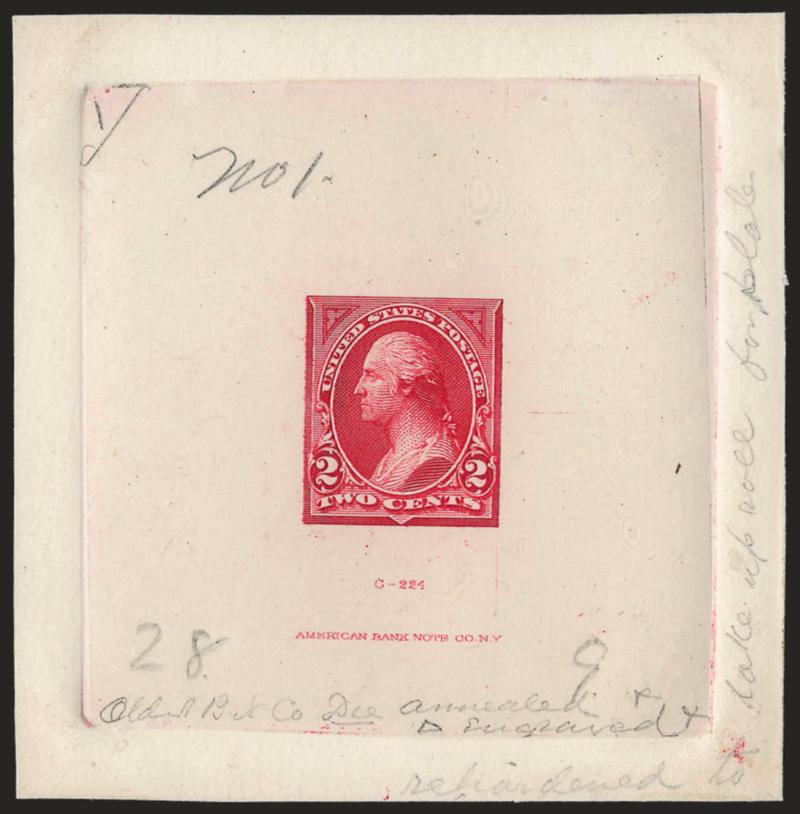 2c Medium Deep Red, Ty. I, Large Die Essay on India (250-E6).> On 74 x 76mm card with full die sinkage, with die imprint at bottom and with ms. <<No. 1 28 Old ABN Co. Die annealed & D Engraved & rehardened to
take up roll for plate>>, fresh and Ver