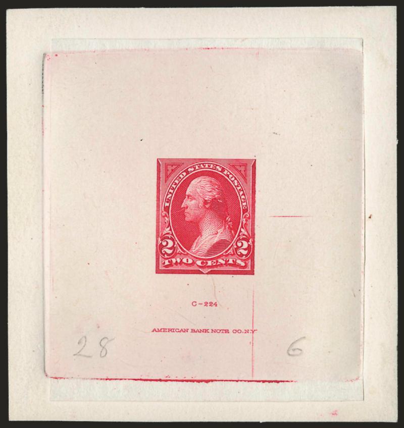 2c Medium Deep Red, Ty. I, Large Die Essay on India (250-E7).> On 74 x 79mm card with full die sinkage, with die imprint at bottom and with ms. <<28>> and <<6>> at bottom, fresh and Very Fine, probably unique,
ex Brazer
