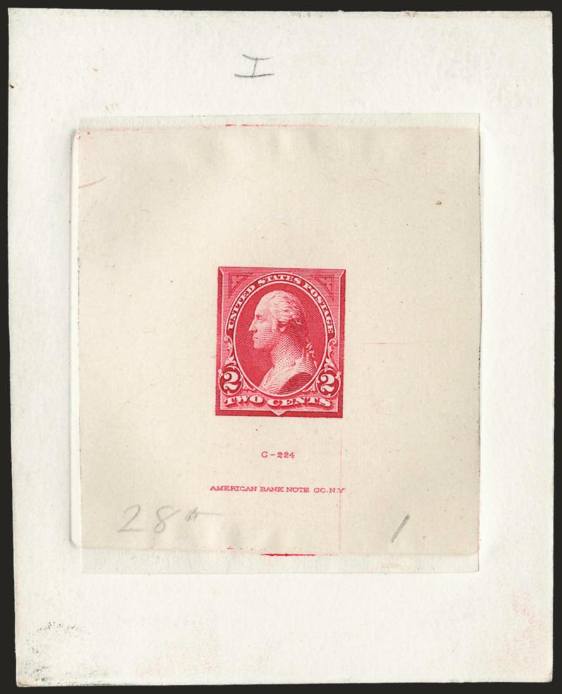 2c Medium Deep Red, Ty. I, Large Die Essay on India (250-E7).> On 80 x 99mm card with full die sinkage, with die imprint at bottom and with ms. <<28th>>, and <<1>> at bottom, with slightly more completion than
250-E6, fresh and Very Fine, probabl