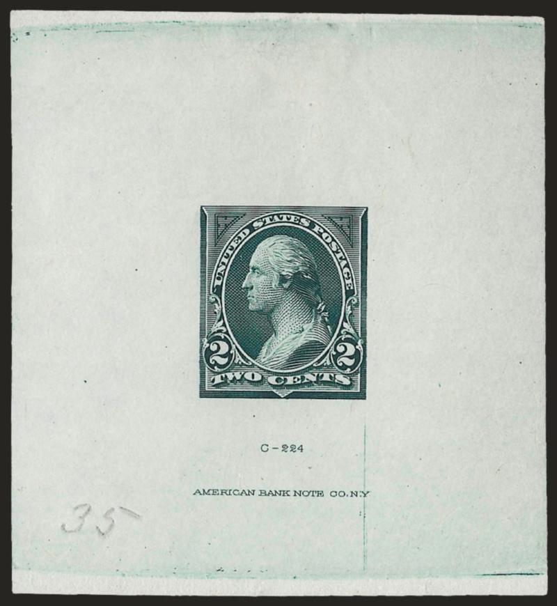 2c Dusky Blue Green, Large Die Trial Color Proof on India (250TC1).>61 x 67mm, with American die no. imprint at bottom, ms. 35 at lower left refers to Bureau die no., fresh and Very Fine, scarce, ex Morris,
Scott Catalogue does not list any trial c