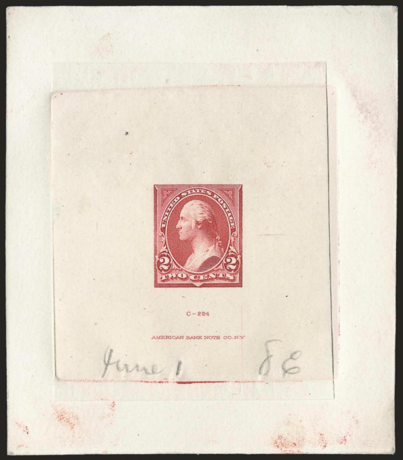 2c Ty. I, Large Die Trial Color Proofs on India (250TC1).> Six, on approximately 80 x 97mm cards with full die sinkage, colors incl. Rose Lake, Rose Pink, Dusky Rose, several others in the same family of color,
most with pencil notations incl. some w