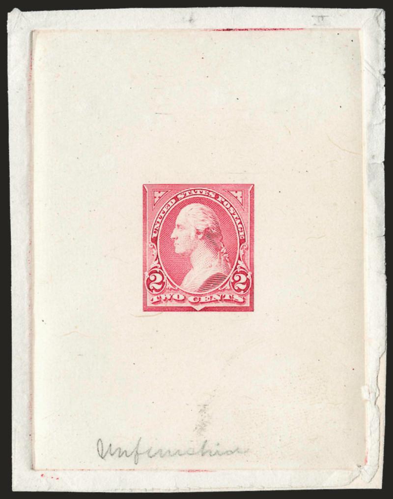 2c Light Carmine, Ty. II, Large Die Essay on India (251-E1).> On 64 x 82mm card with full die sinkage, pencil <<Unfinished>> at bottom, brilliant color, Very Fine and choice, unlisted in this color in Scott,
Scott Retail as Dark Violet Red