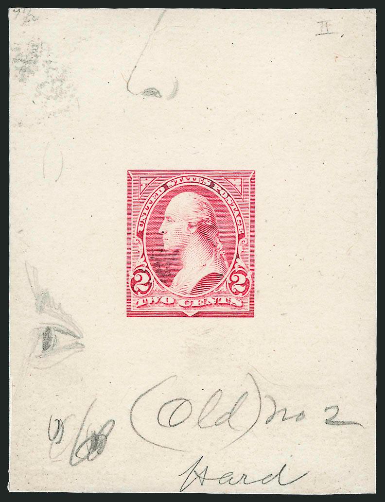 2c Light Carmine, Ty. II, Large Die Essay on India (251-E1).> On 55 x 73mm card, brilliant color, several pencil drawings incl. nose at top, eye at lower left and also <<(old) No. 2 Hard>>, some soiling, still
Very Fine, a rare and desirable Essay,