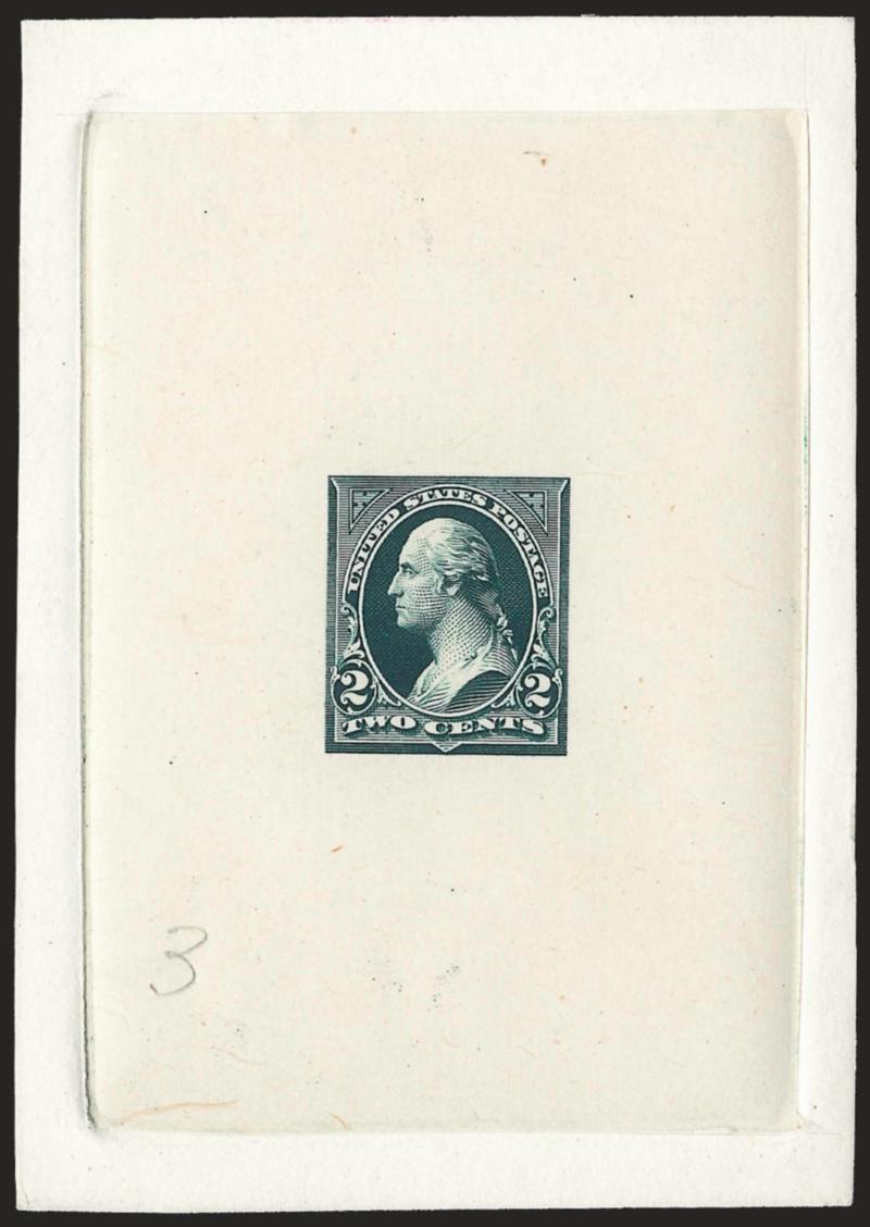 2c Dusky Blue Green, Ty. III, Large Die Essay on India (252-E2).> On 66 x 95mm card with full die sinkage,pencil <<3>> at bottom left, bright color, fresh and Very Fine, scarce essay, ex Morris