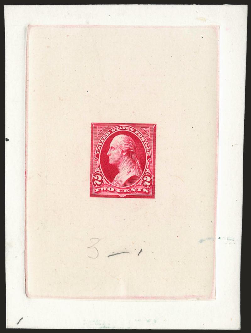 2c Dark Violet Red, Ty. III, Large Die Essay on India (252-E2).> On 63 x 87mm card with full die sinkage, deep rich color, pencil <<3 -- 1>> at bottom, Very Fine, scarce, ex Brazer