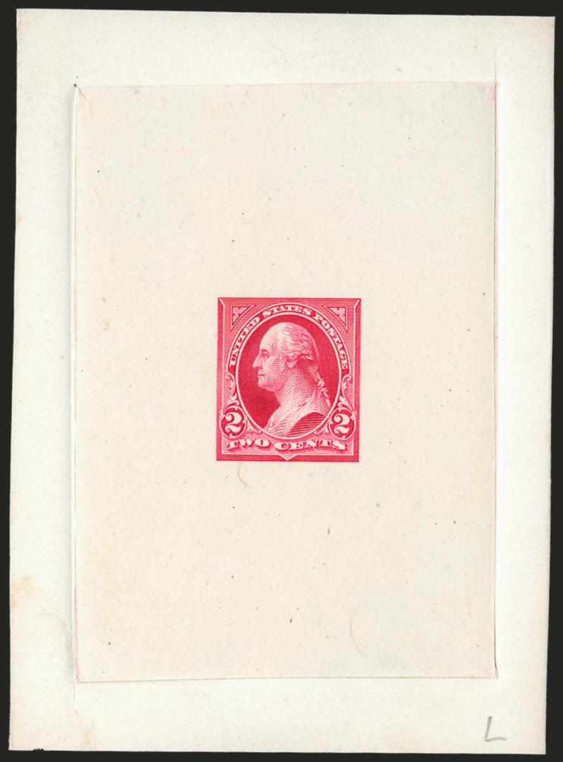 2c Light Carmine, Ty. III, Large Die Essay on India (252-E3).> On 72 x 99mm card with full die sinkage, bright color, Very Fine and choice, scarce, from the so-called discarded die which shows a heavier George
Washington (Fat George), only three ar