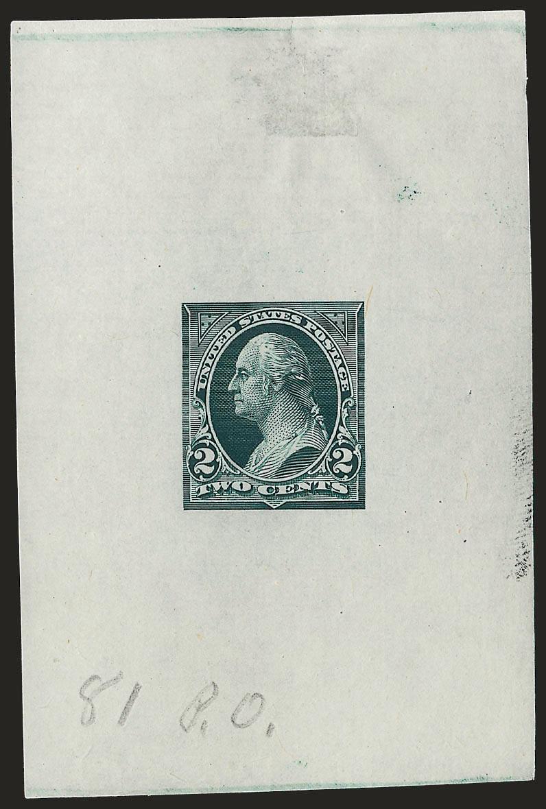 2c Green, Ty. III, Large Die Essay on India (252-E3).> 55 x 82mm, rich color, ms. <<81 P.O.>> at lower left, fresh and Very Fine, scarce, from the so-called discarded die which shows a heavier George Washington
(Fat George), this is unique, ex Mo