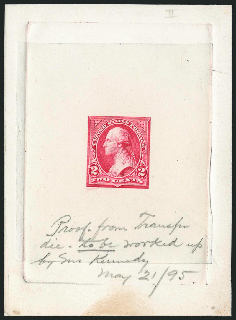 2c Carmine, Ty. II, Large Die Proofs on India (252P1).> Twelve, incl., nine on card with full die sinkage, nice range of shades, also some with notations incl. <<Proof from Transfer die -- to be worked up by Mr.
Kennedy May 2195>>, another signed