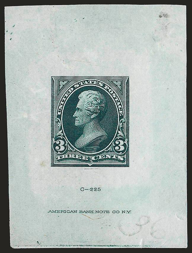 3c Deep Green, Ty. II, Large Die Essay (253-E1a).> 44 x 60mm, American die no. and imprint at bottom, intense color, small thin spot at top right, faint diagonal crease, otherwise Fine, rare, ex Burrows where
mistakenly identified as a trial color pr