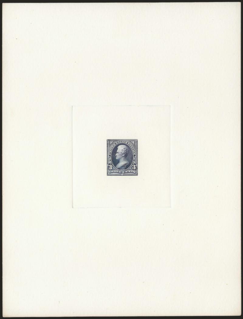 3c Violet, Ty. II, Large Die Essay Printed Directly on Card (253-E1b).> On 146 x 193mm card with full die sinkage, beautiful color, Very Fine and choice, ex Lynn Warm-Griffiths, where mistakenly identified as a
trial color proof, the Ty. II triangles