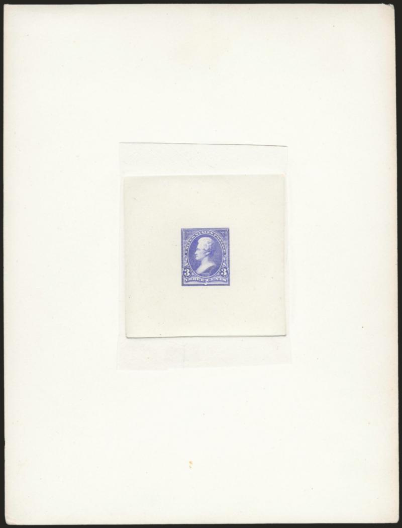 3c Ultramarine, Large Die Trial Color Proof on India (253TC1).> On 153 x 202mm card with full die sinkage, untrimmed India, albino impression of American imprint, brilliant color, Very Fine, ex Burrows, this
shade unlisted in Scott, the Scott-listed