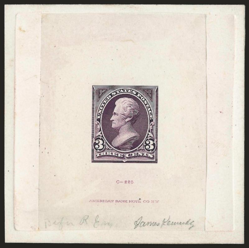 3c Dark Red Violet, Large Die Trial Color Proof on India (253TC1).> On 69 x 69mm card with full die sinkage, American die imprint at bottom, pencil <efore R Eng>> and also signed <<James Kennedy>>, Very Fine,
scarce, ex Brazer, listed but unpric