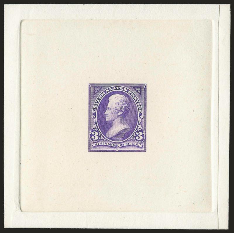 3c Light Red Violet, Large Die Trial Color Proof on India (253TC1).> On 74 x 74mm card with full die sinkage, albino impression of American die imprint at bottom, Very Fine, scarce, ex Brazer, listed but
unpriced in Scott, others of the set are price