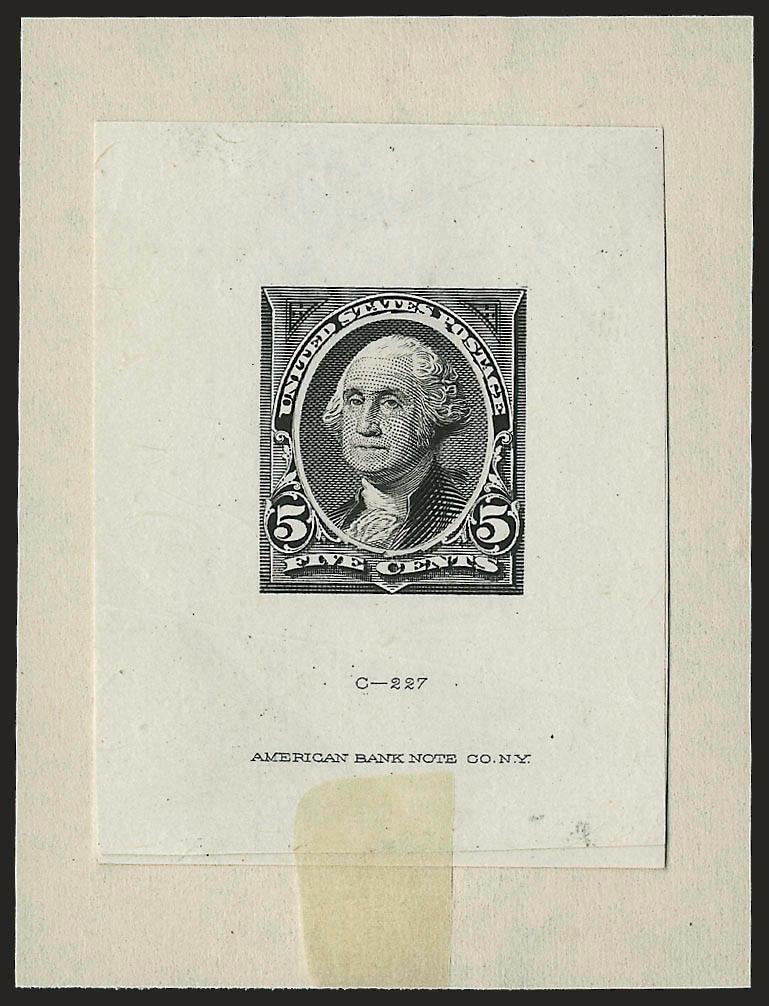 5c Black, Large Die Essay of Portrait and Vignette on India (255-E1).> Two pieces of India approximately 42 x 54mm, laid on top of one another and affixed to 53 x 71mm piece of wove paper, top India is of frame
only with portrait cut out and American