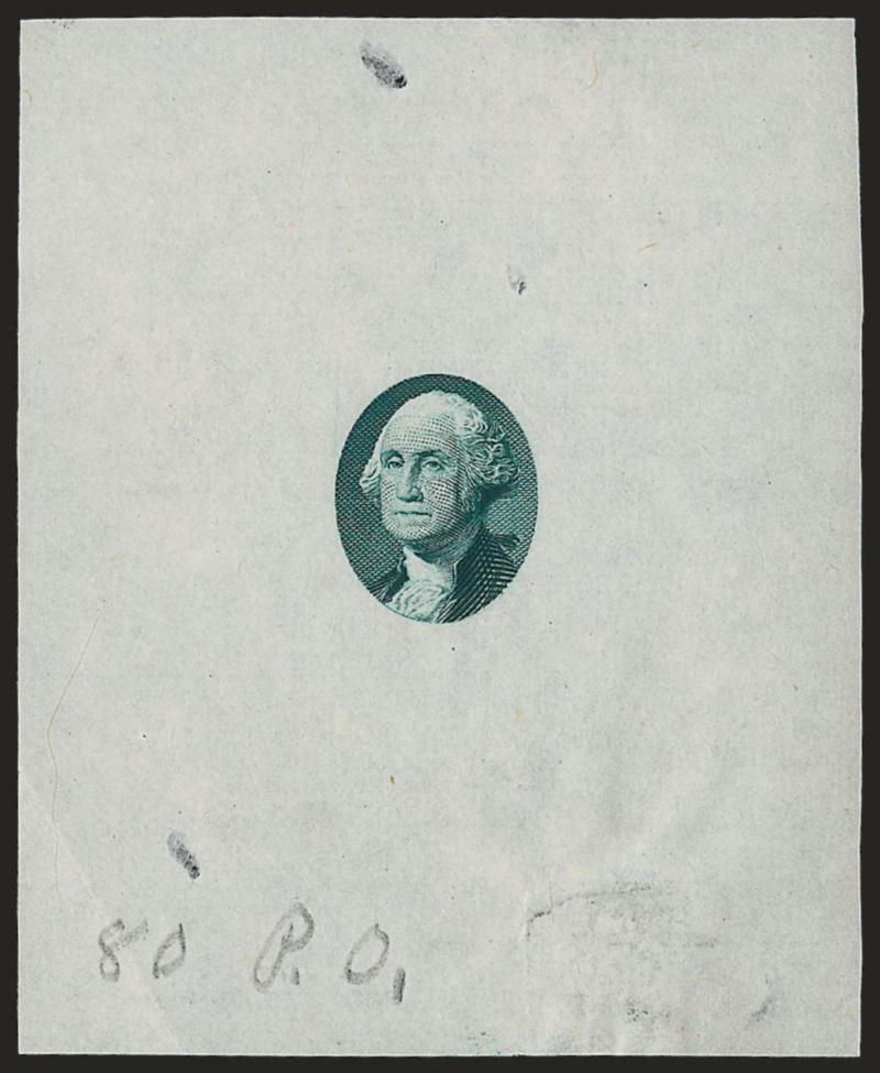 (no denomination) Green, Large Die Essay on India (255-E2).> 56 x 69mm, rich color, portrait significantly smaller than that in the previous lot and of the same size as American Bank Note Co. essay No. 68-E1,
ms. <<80 P.O.>>, at lower left is simil