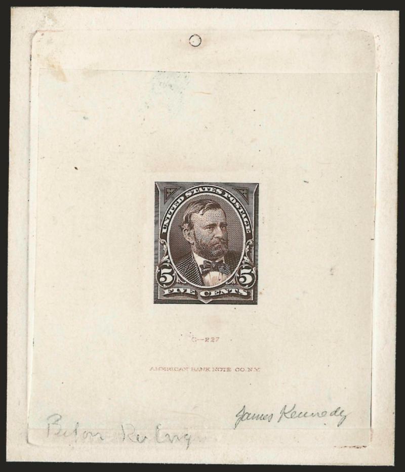5c Deep Brown, Large Die Essay on India (255-E4).> On 70 x 83mm card with full die sinkage, American die imprint, signed in pencil <<James Kennedy>> and also with pencil <efore re-entry>>, Very Fine, rare and
desirable essay