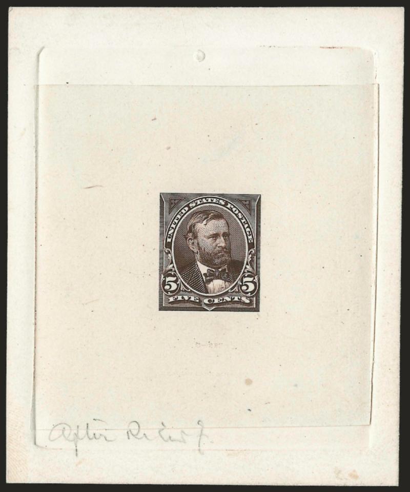 5c Deep Brown, Large Die Essay on India (255-E4).> On 73 x 89mm card with full die sinkage, faint impression of American die imprint at bottom, intense color, pencil <<After re-entry>> at lower left, fresh and
Very Fine, an attractive essay