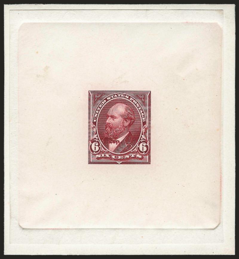 6c Lake, Large Die Proof on India (282P1).> On 70 x 75mm card with full die sinkage, deep rich color in a slightly different shade than the issued stamp (but not enough of a difference for us to call this a
trial color), fresh and Very Fine, ex Braze