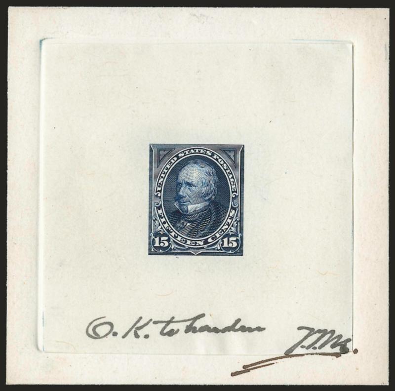 6c Brown, 10c Green, 15c Dark Blue, Large Die Proofs on India (256P1, 258P1, 259P1).> On approximately 75 x 75mm cards with full die sinkage, each with ms. <<O.K. to harden T.F.M.>, first with tiny corner flaw
at edge of card at bottom left, still