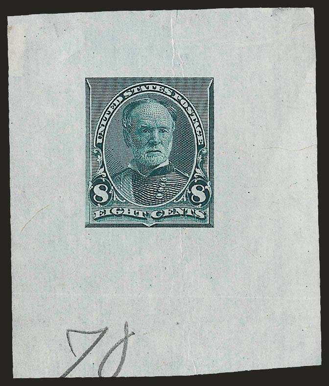 8c Blue Green, Large Die Trial Color Proof on India (225TC1).> 46 x 55mm, bright shade, pencil 70 at bottom added by Bureau of Engraving and Printing, Very Fine, attractive proof likely pulled by the B.E.P. from
the old American Bank Note Co. die b