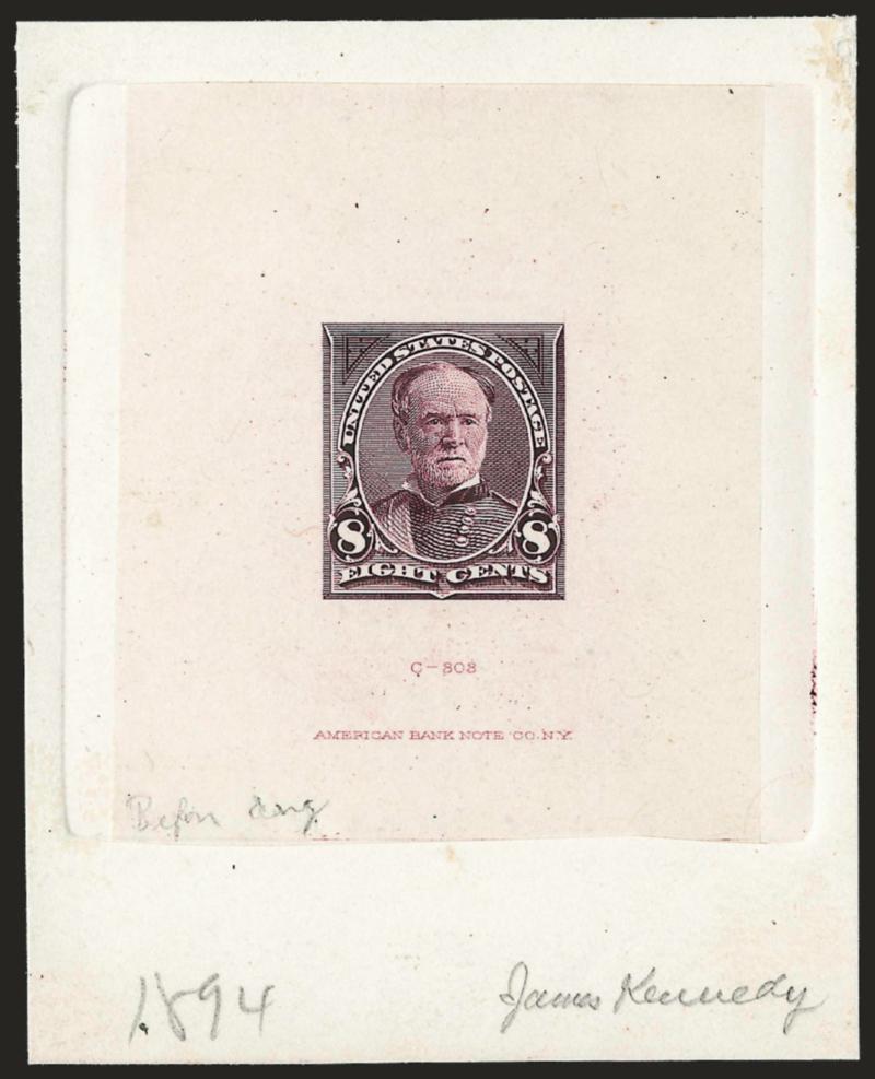 8c Dusky Red Violet, Large Die Essay on India (257-E1).> On 65 x 82mm card with full die sinkage and American die imprint, pencil <efore eng.>> and also signed by James Kennedy and with <<1894>>, Very Fine, ex
Brazer