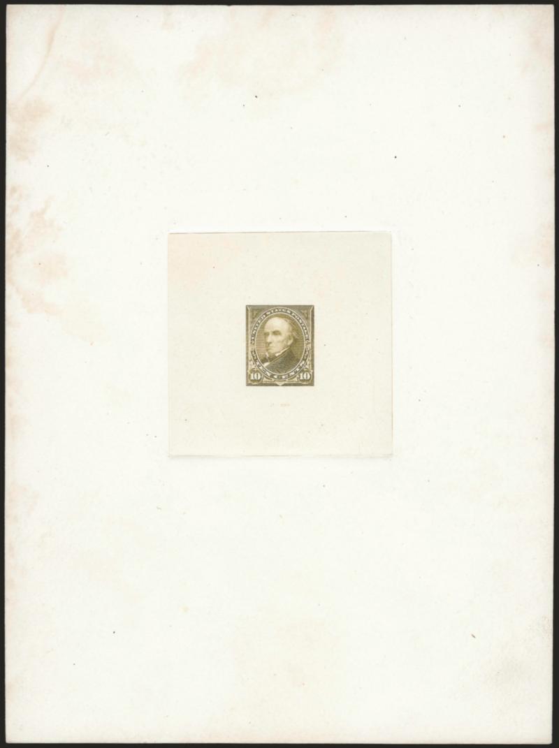 10c Olive Green, Ty. II, Large Die Trial Color Proof on India (283TC1).> On 151 x 202mm card with full die sinkage, bright color, C-229 and albino impression of American die no. at bottom, partially complete
strike of red Received Third Asst. P.M.