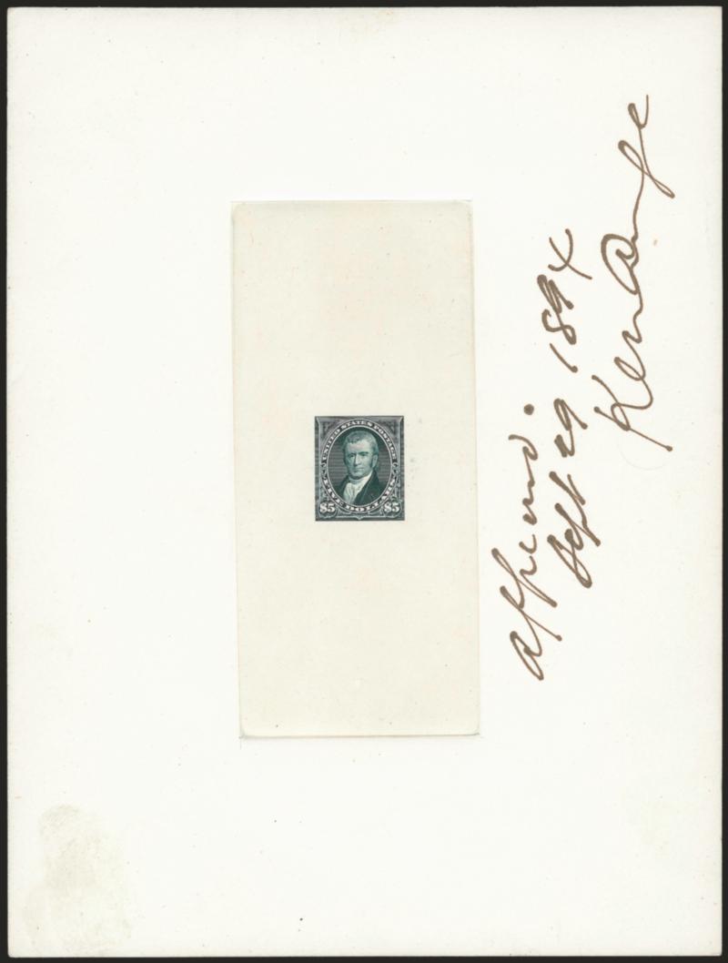 1c-$5.00 1894-98 Bureau Issue, Large Die Proofs on India (247P1, 250P1, 253P1-263P1).> Each on approximately 60 x 60mm card with full die sinkage, lower denominations except 4c mounted with two denominations on
a larger 192 x 150mm card with ms. <<A