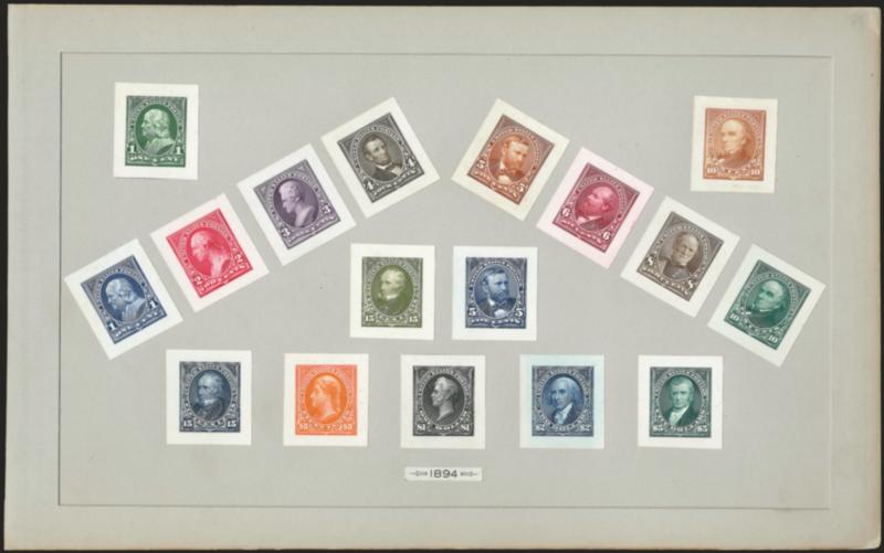 1c-$5.00 1894-98 Bureau Issue, Small Die Proofs on Wove (246P2284P2).> Complete page of Roosevelt presentation album comprising 17 proofs artfully arranged and with 1894 label beneath, brilliant colors<><>^VERY
FINE AND CHOICE. A RARE COMPLETE P