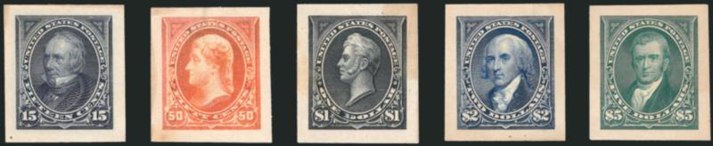 1c-$5.00 1894-98 Bureau Issue, Panama-Pacific Small Die Proofs on Wove (246P2a-263P2a).> Complete set of 12 denominations (the 2c was never issued), rich colors, typical paper toning as usually seen on these
issues, few small flaws incl. most with th