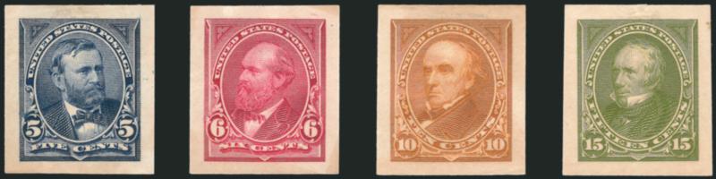 1c-15c 1898 Issue, Panama-Pacific Small Die Proofs on Wove (279P2a-284P2a).> Complete set of eight with both colors of the 2c, bright colors, usual toning of paper which is lighter than usually found, few flaws
incl. most with either small thin spots