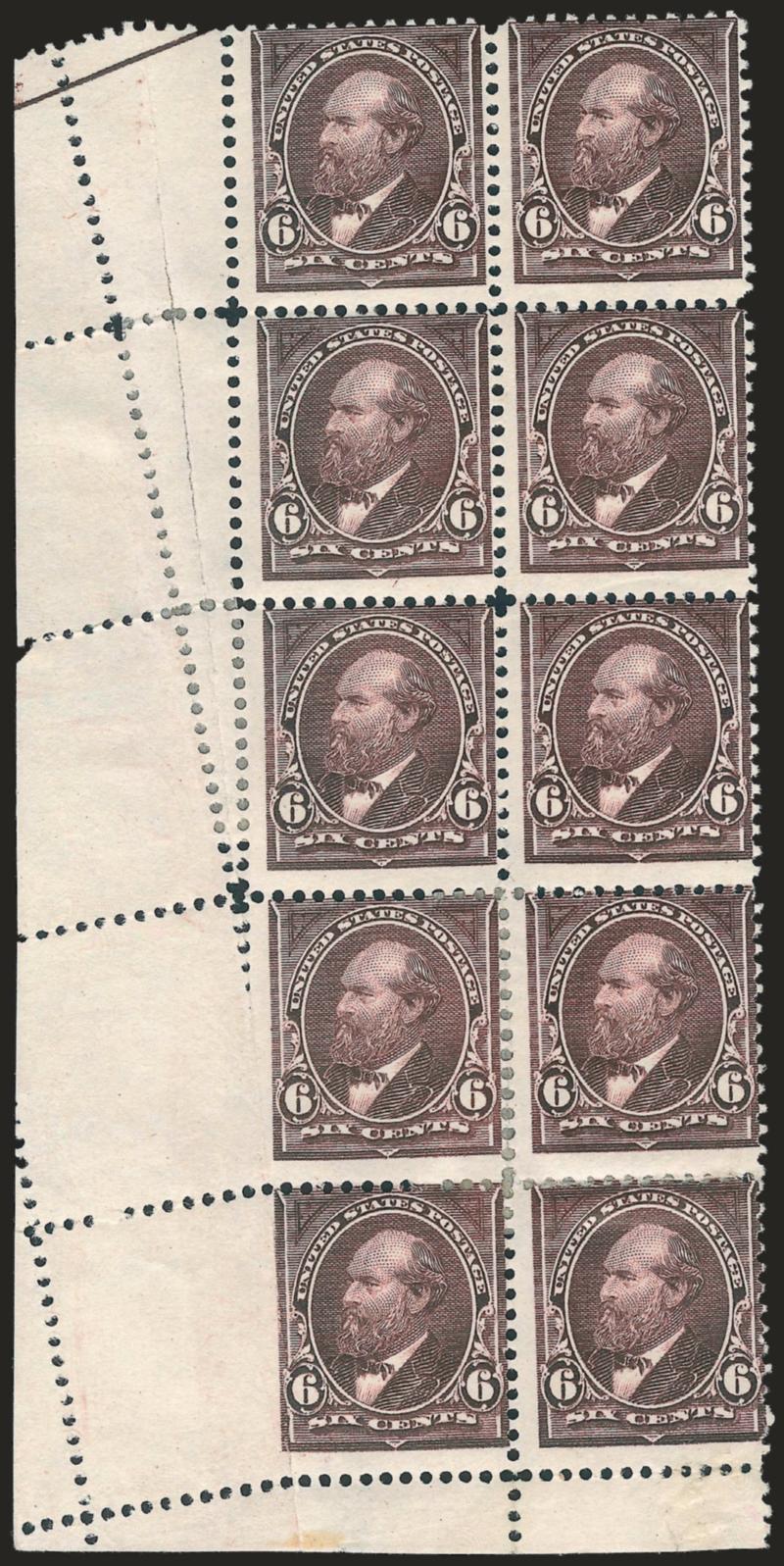 6c Dull Brown (256).> Block of ten, original gum, few Mint N.H., others h.r. where some perf separations sensibly reinforced, deep dark shade which differs significantly from most others, also with unusual <perf
foldover> causing imperforate left mar