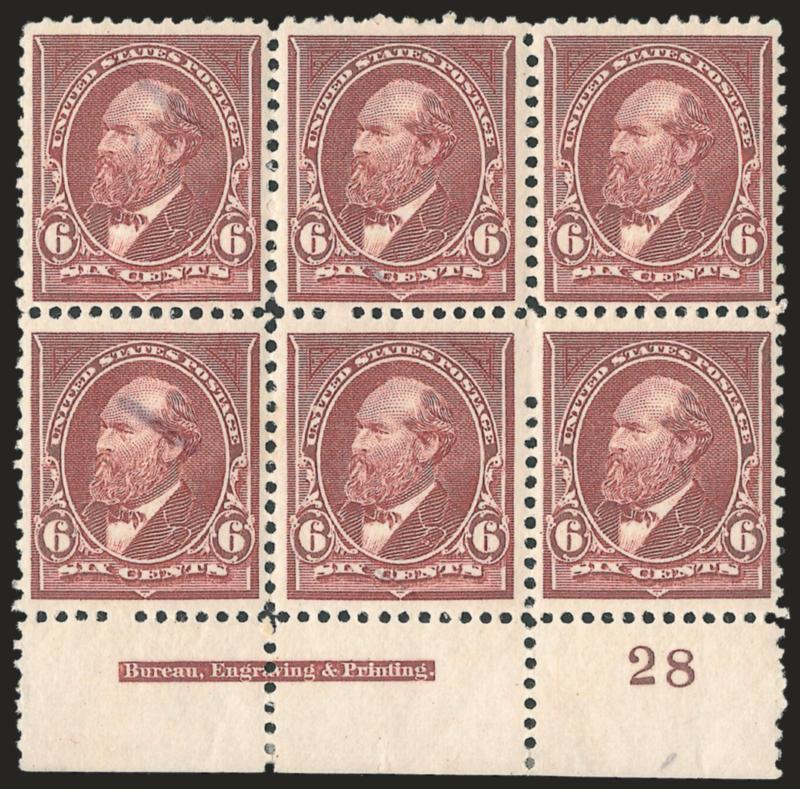6c Dull Brown (256).> Bottom imprint and plate no. 28 block of six, original gum, h.r. at top, bottom stamps barely hinged (if at all), couple sensibly rejoined perf separations, left stamps with unusual ink
marks, otherwise Fine-Very Fine