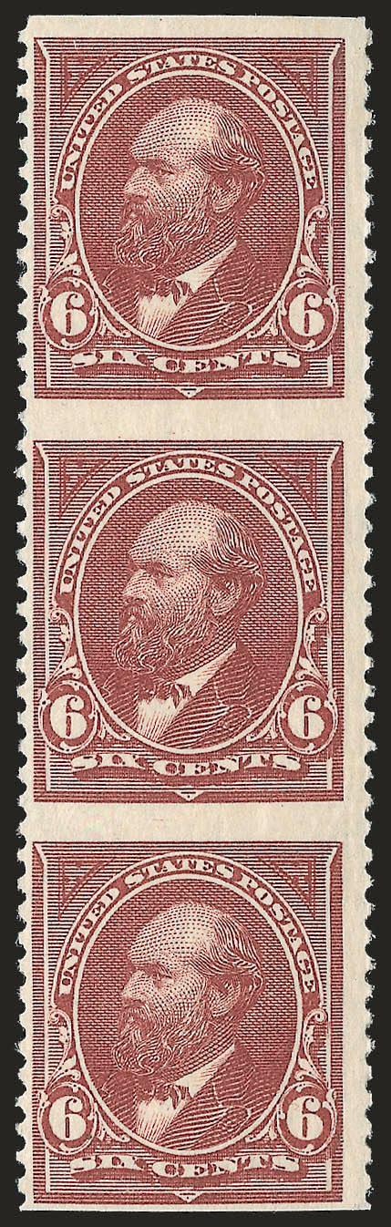 6c Dull Brown, Imperforate Horizontally (256a).> Vertical strip of three, original gum, lightly hinged, brilliant color<><>^VERY FINE. A RARE STRIP OF THE 1894 6-CENT UNWATERMARKED BUREAU ISSUE IMPERFORATE
HORIZONTALLY.^<><>Brookman notes that th