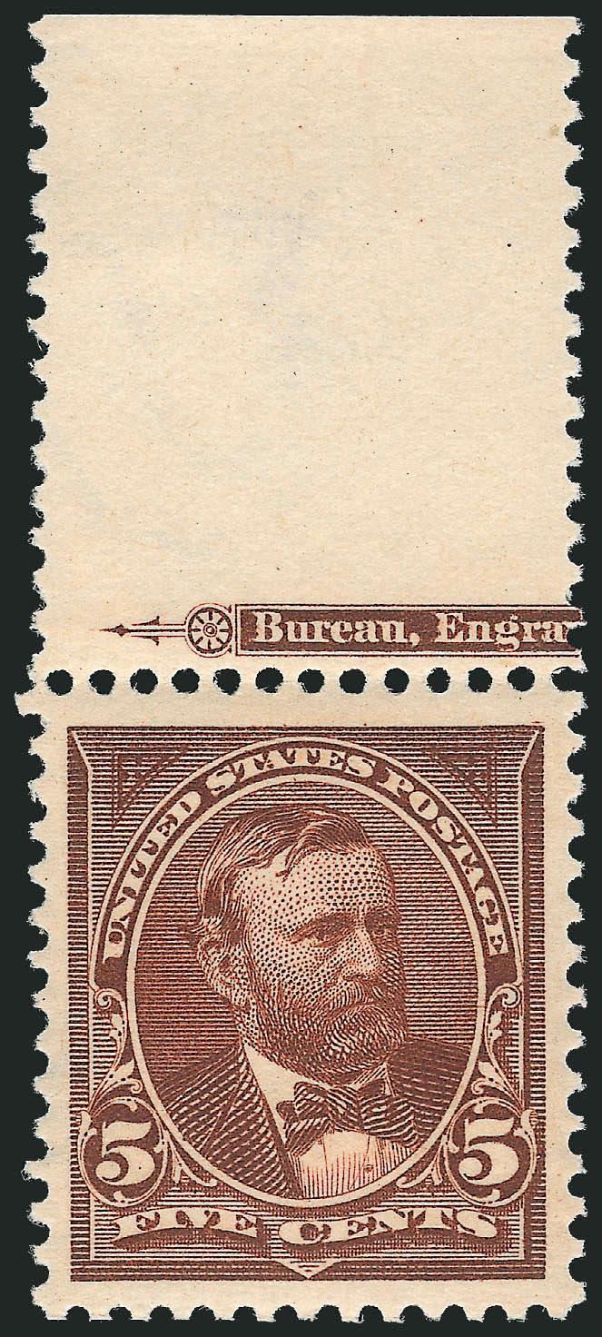 5c Chocolate (270).> Wide part imprint selvage, stamp Mint N.H., lightly hinged in ungummed part of selvage, gorgeous centering with wide and balanced margins, warm shade, Extremely Fine Gem, a superb stamp in
every respect